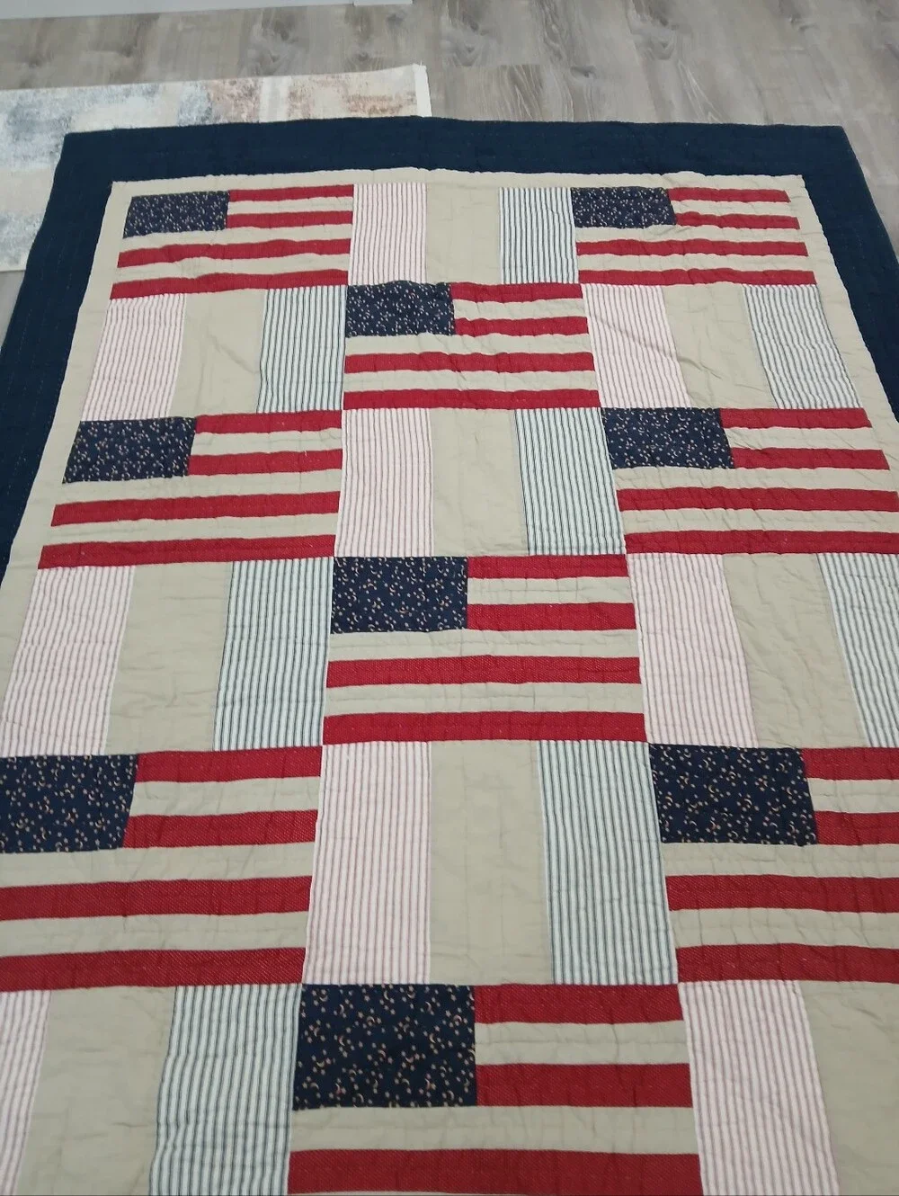 Patriotic Patchwork Flag Quilt - Navy, Red, Cream